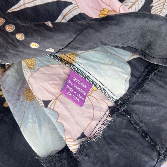 Yumi Kim Black 100% Silk Babydoll Tunic Dress Small Floral V-Neck Short Sleeve - Picture 9 of 13